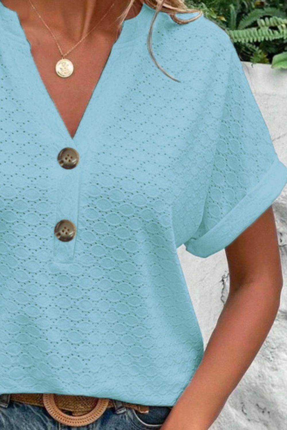 Eyelet Notched Short Sleeve Blouse