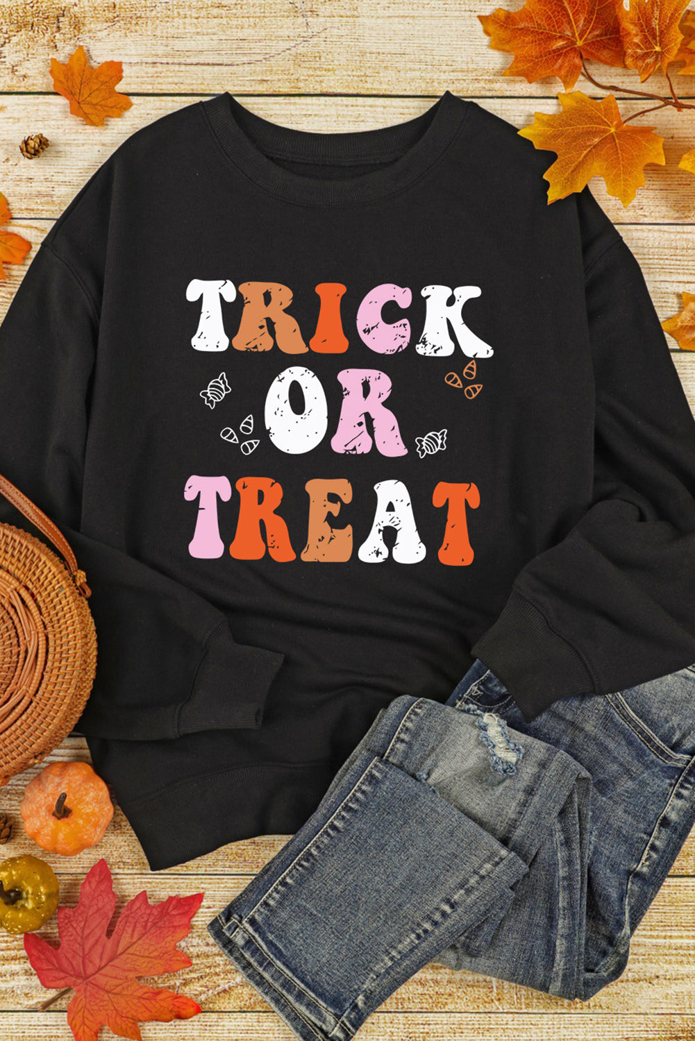 Black TRICK OR TREAT Graphic Crewneck Halloween Sweatshirt