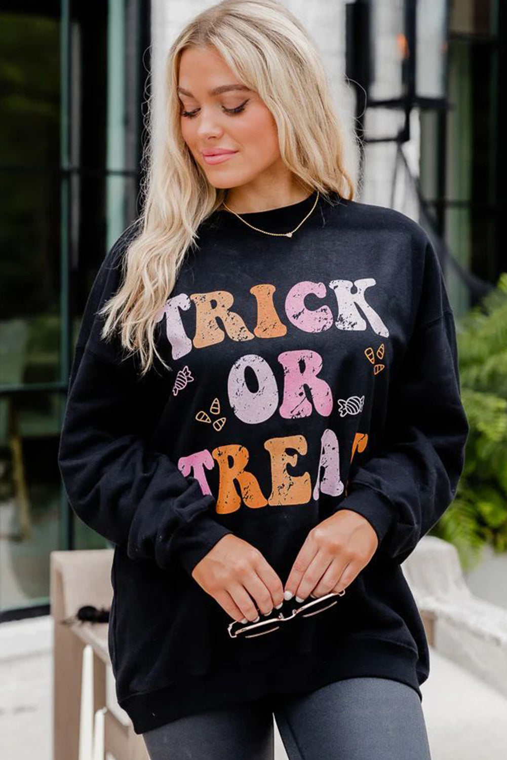 Black TRICK OR TREAT Graphic Crewneck Halloween Sweatshirt