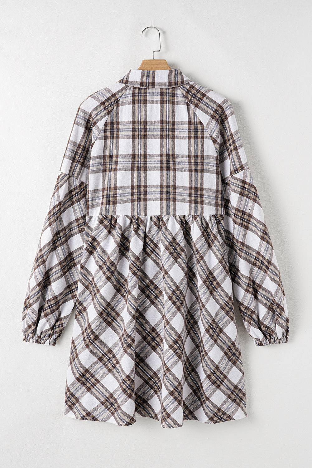 White Plaid Bubble Sleeve Flowy Shirt Dress