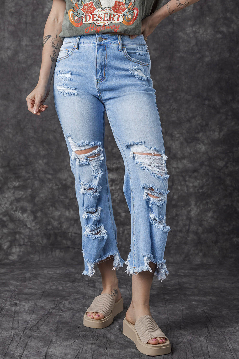 Sky Blue Heavy Destroyed High Waist Jeans