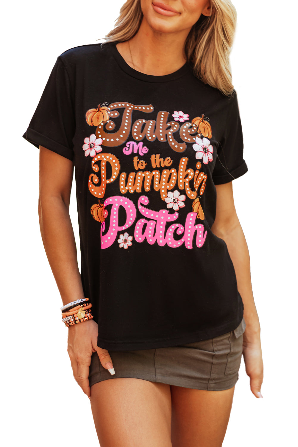 Black Take Me To The Pumpkin Patch Flower Print T Shirt