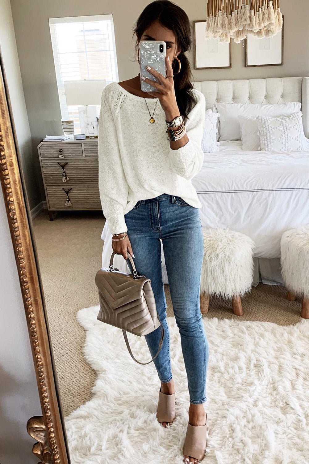 White Long Sleeve Cutout Shoulder Relaxed Sweater