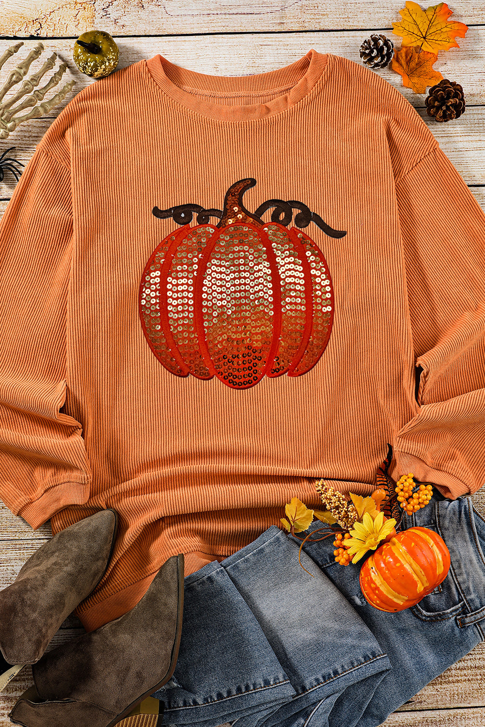 Orange Sequined Pumpkin Ribbed Round Neck Halloween Sweatshirt