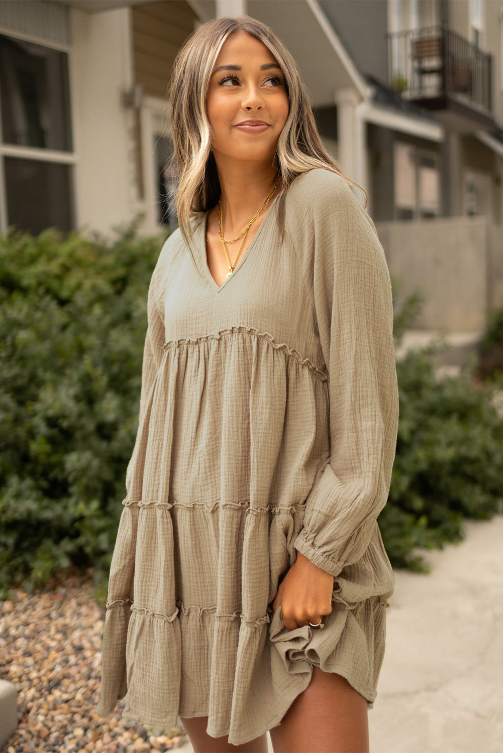 Pale Khaki Cotton Crepe V Neck Frill Tiered Mini Dress