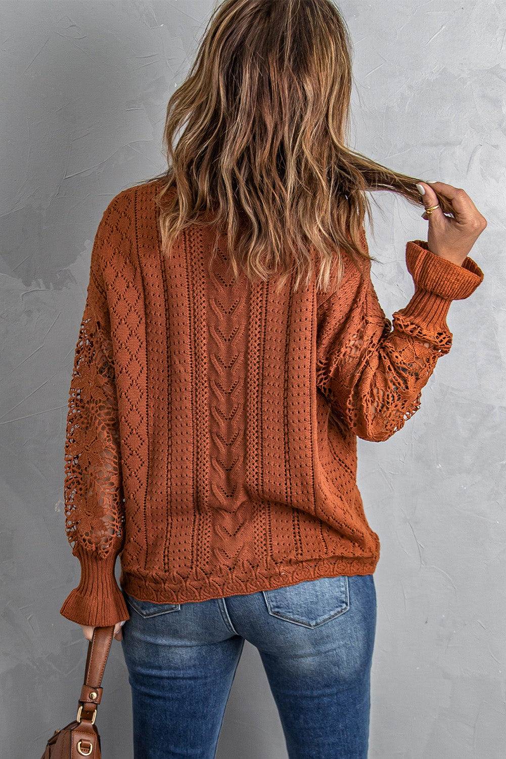 Brown Crochet Lace Pointelle Knit Sweater