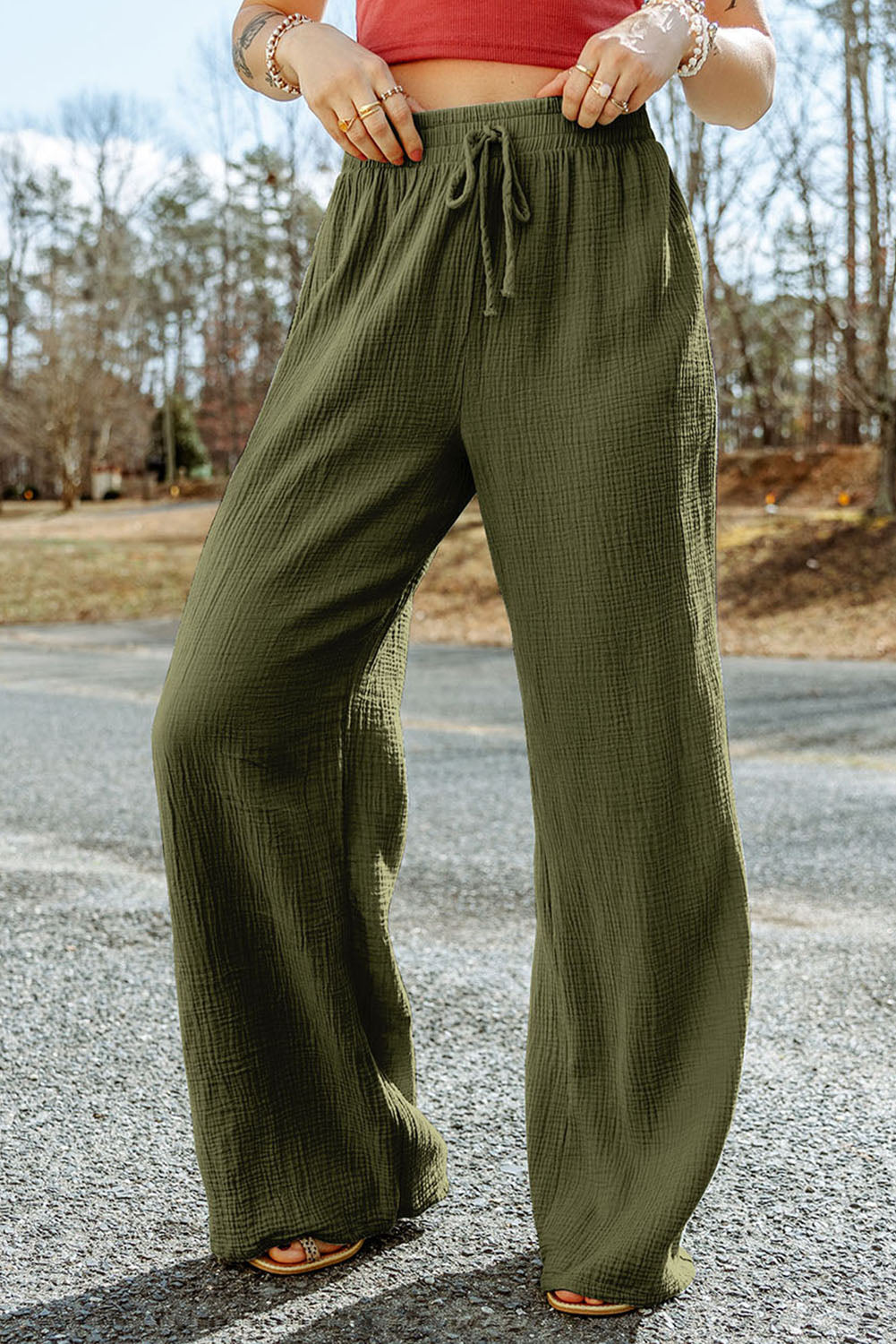 Green Crinkle Textured Wide Leg Pants