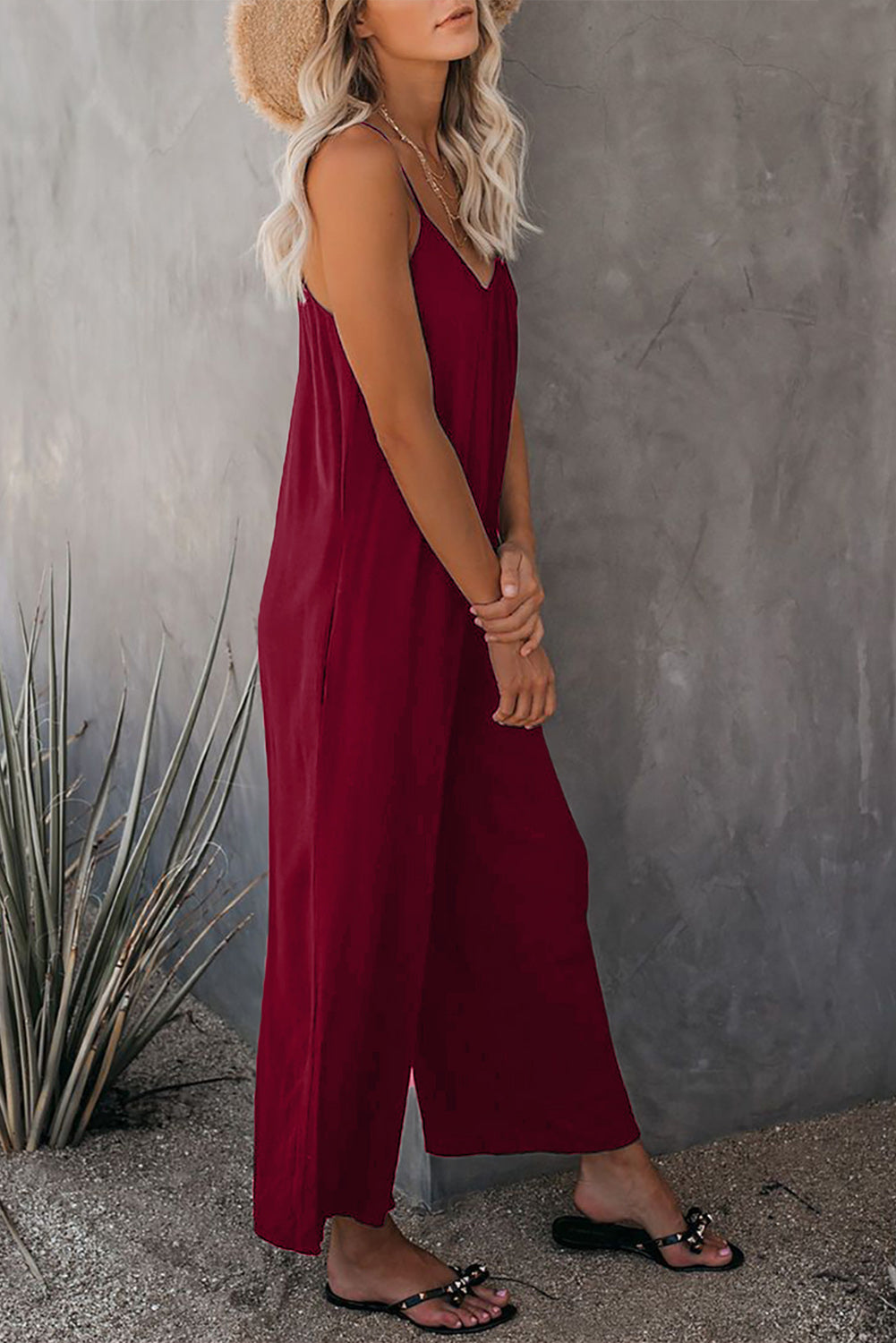 Fiery Red Spaghetti Straps Wide Leg Pocketed Jumpsuits