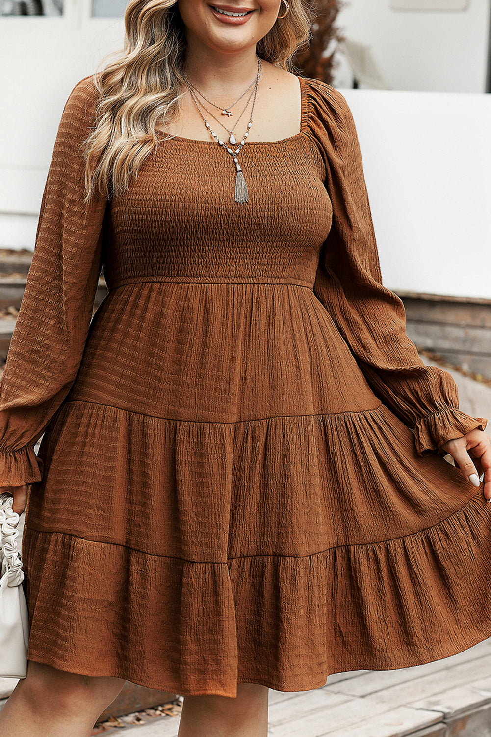 Chestnut Plus Size Smocked Ruffled Sleeve Tiered Mini Dress