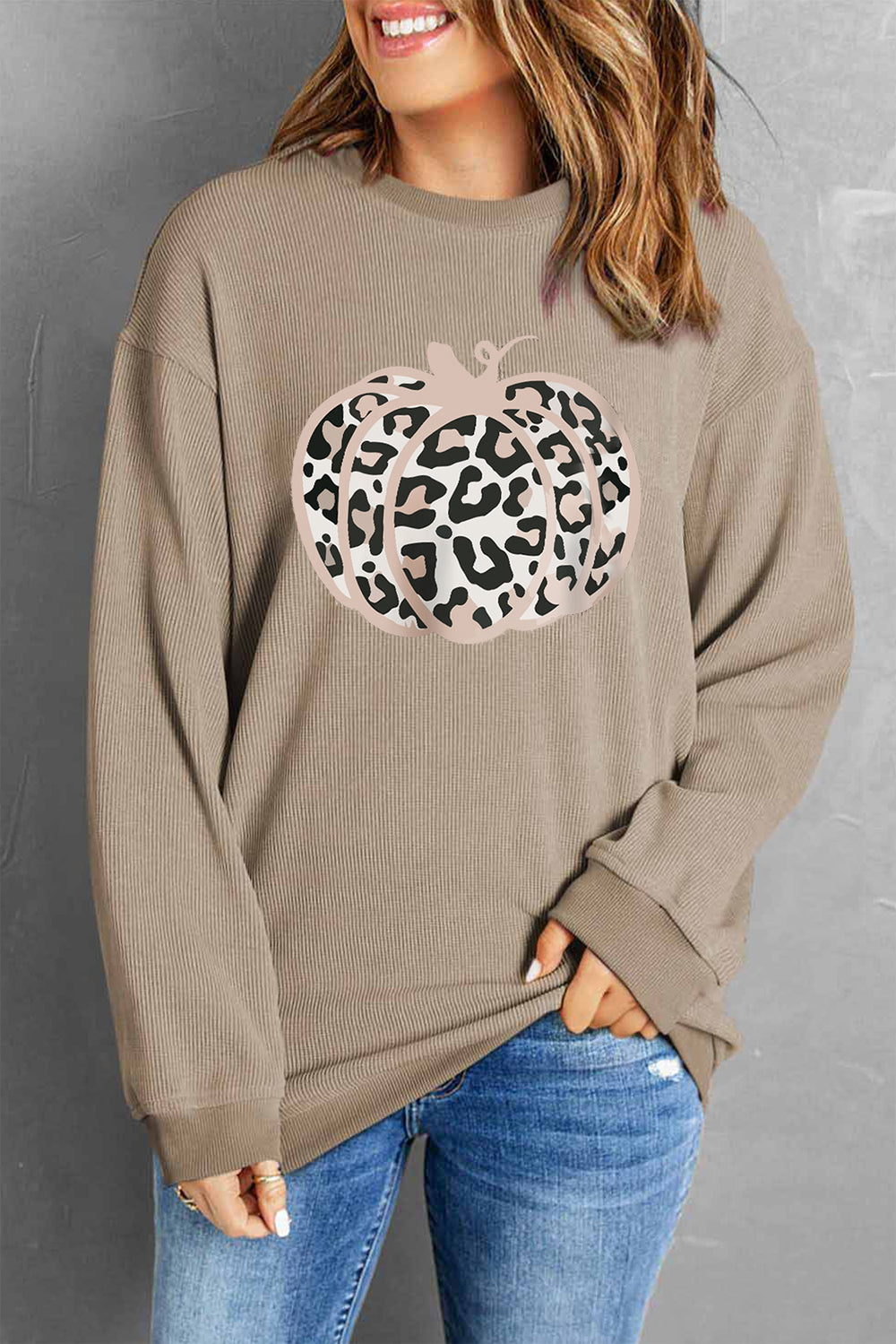 Leopard Pumpkin Graphic Ribbed Sweatshirt