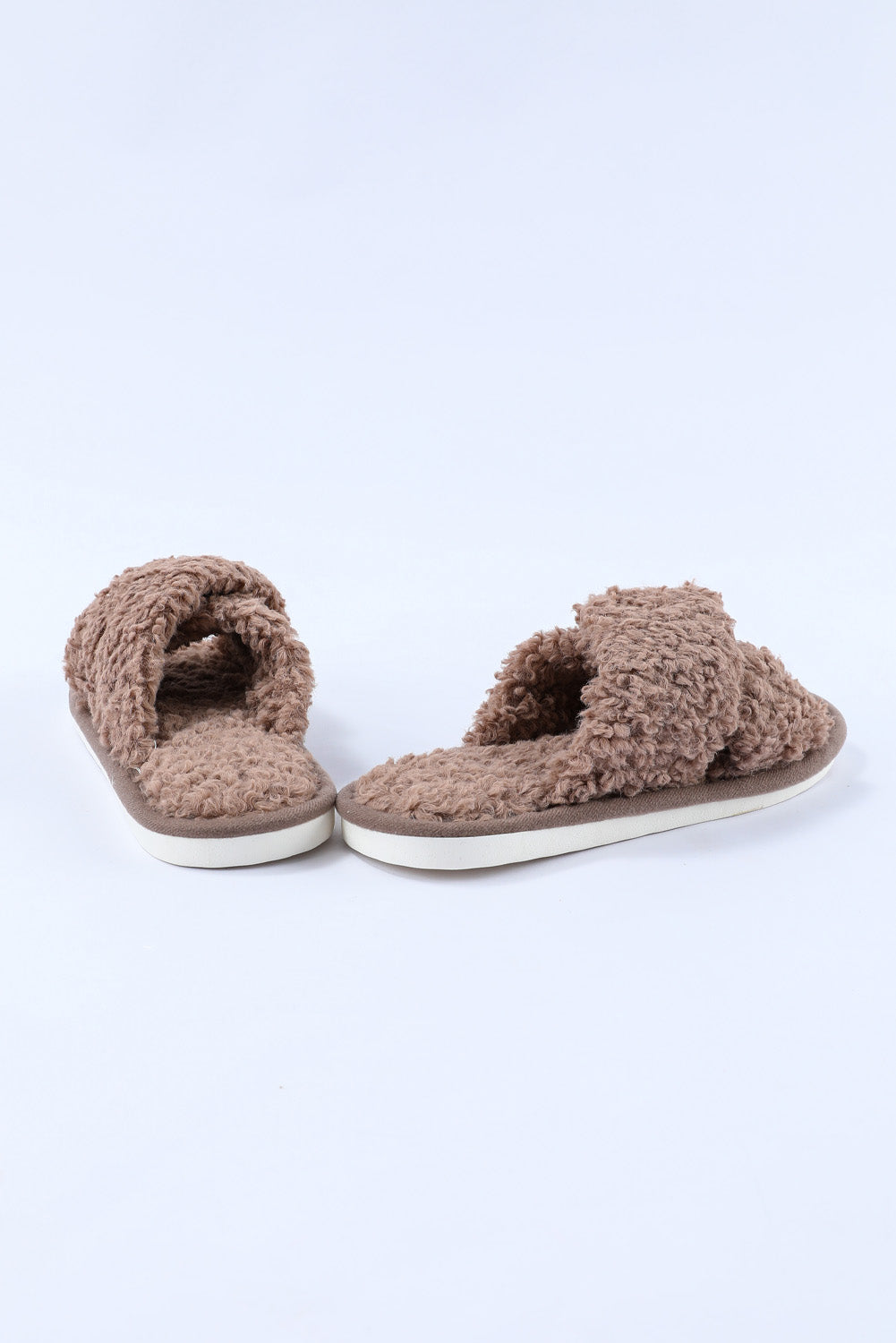 Brown Teddy Fur Cross Straps Home Slippers