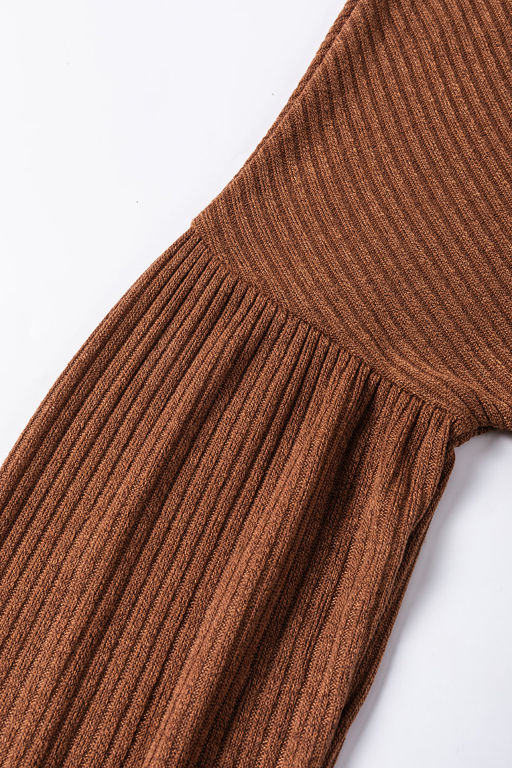 Chestnut Ribbed Knit Drop Shoulder Ruffled Sleeve Textured Top