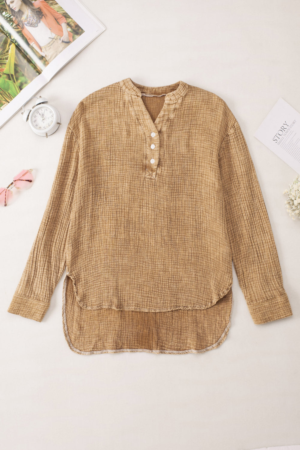 Brown Crinkle Textured Loose Henley Top