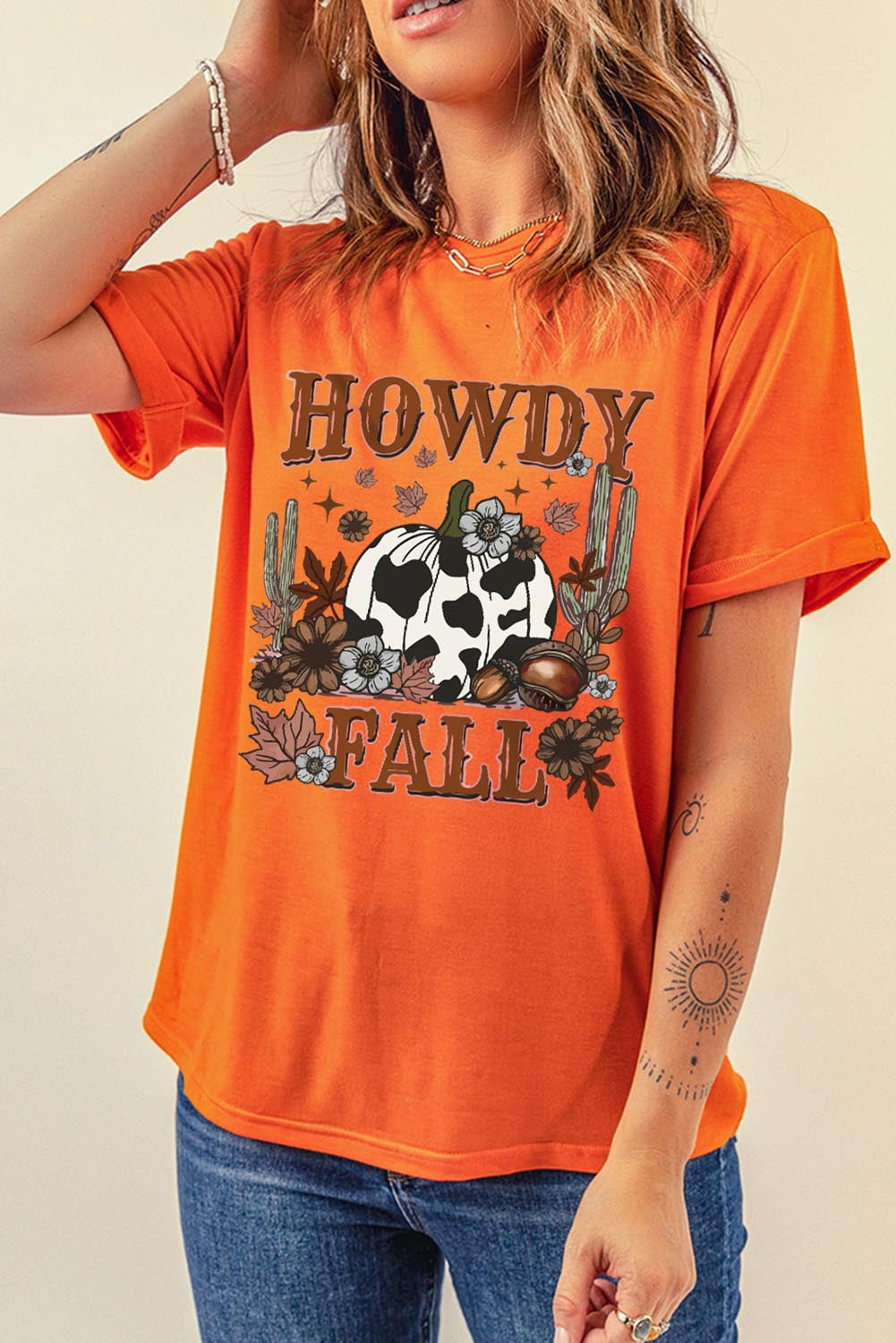 Orange HOWDY FALL Western Pumpkin Graphic T Shirt