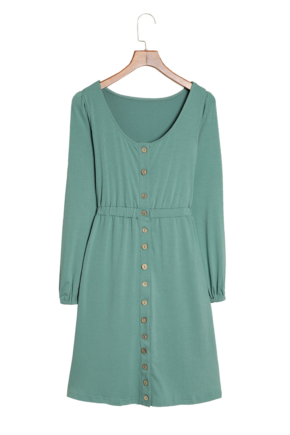 Green Button Up High Waist Long Sleeve Dress