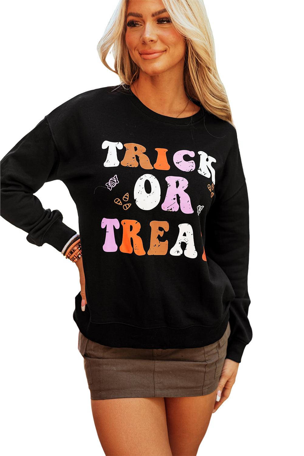 Black TRICK OR TREAT Graphic Crewneck Halloween Sweatshirt