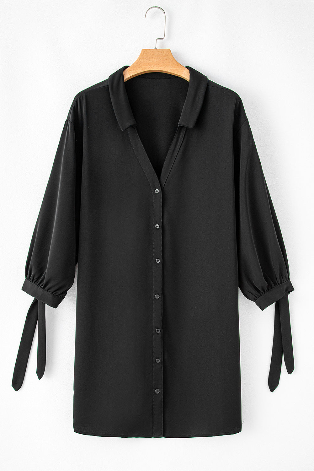 Black Plus Size Tie Cuffs V Neck Shirt Dress