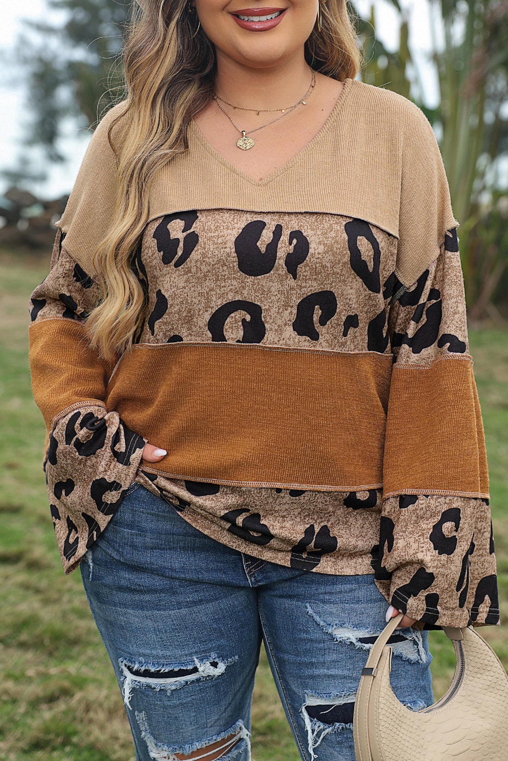 Light French Beige Plus Size Leopard Colorblock Patchwork Wide Sleeve Top