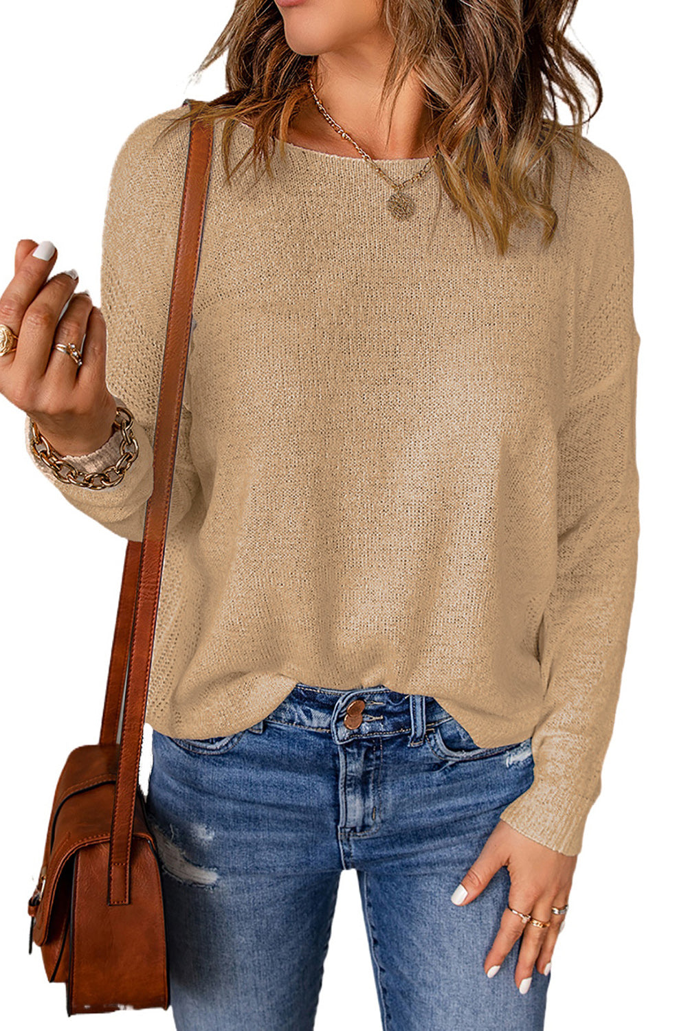 Apricot Solid Drop Shoulder Pullover Sweater