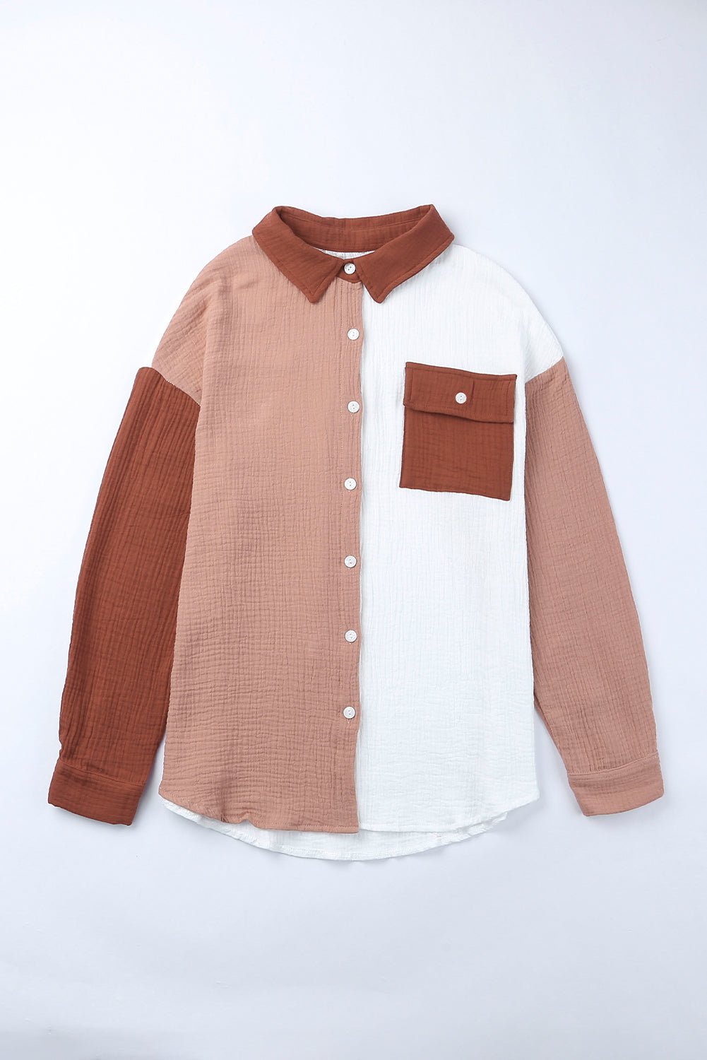 Brown Color Block Textured Long Sleeve Shirt with Pocket