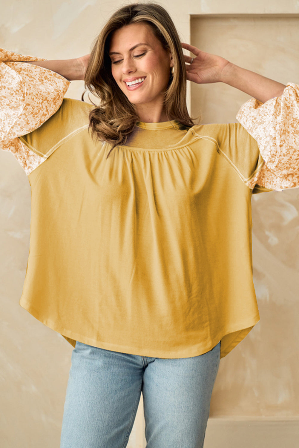 Beige Floral Colorblock Balloon Sleeve Exposed Seam Top