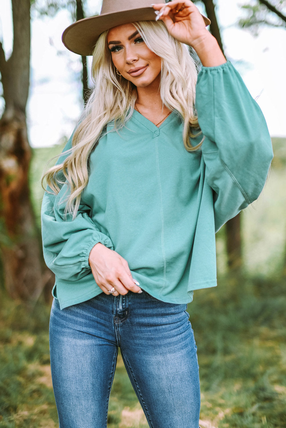 Green Split V Neck Dolman Top