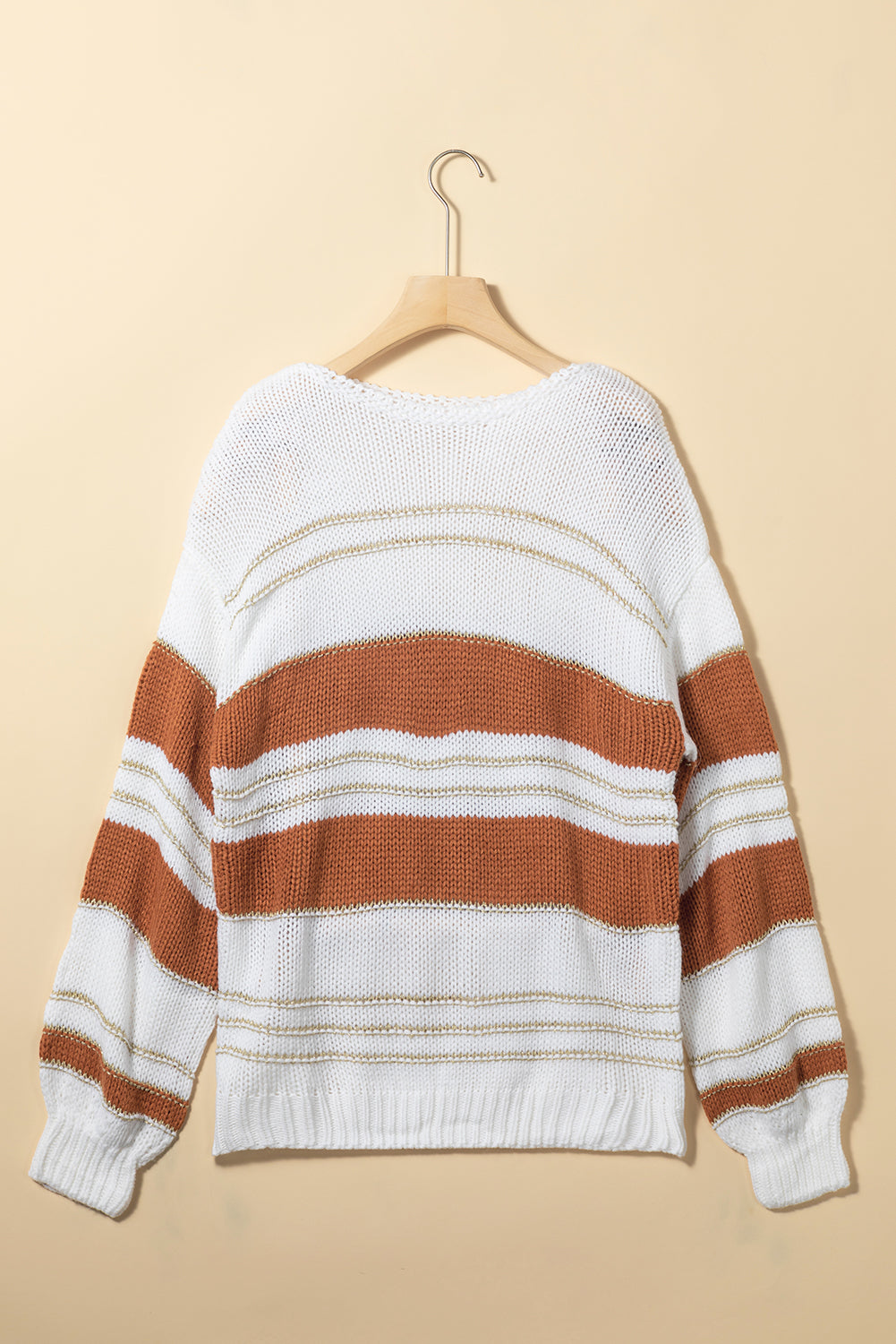 White Striped Knit Puff Sleeve Casual Sweater