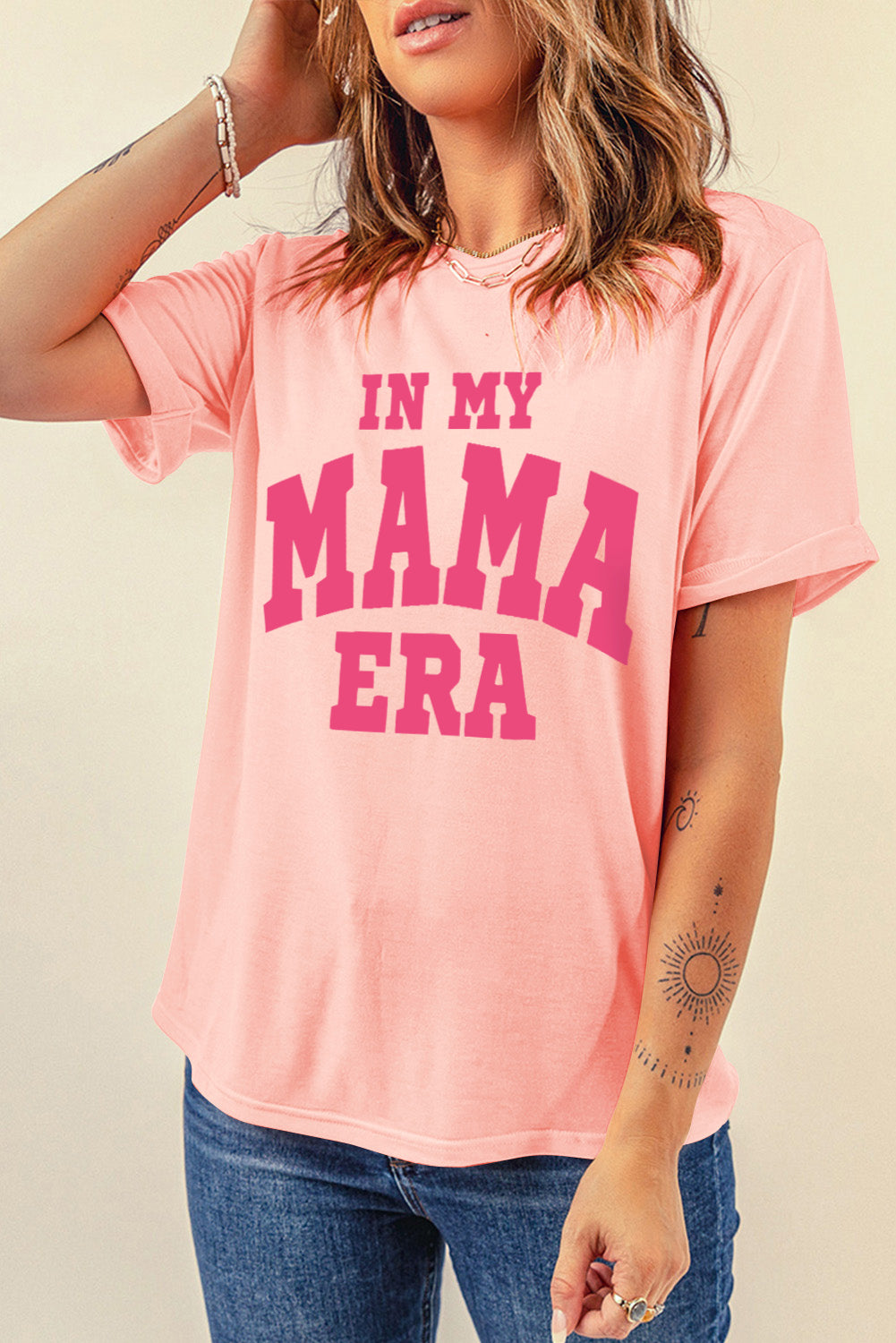 Pink IN MY MAMA ERA Crew Neck Graphic T Shirt