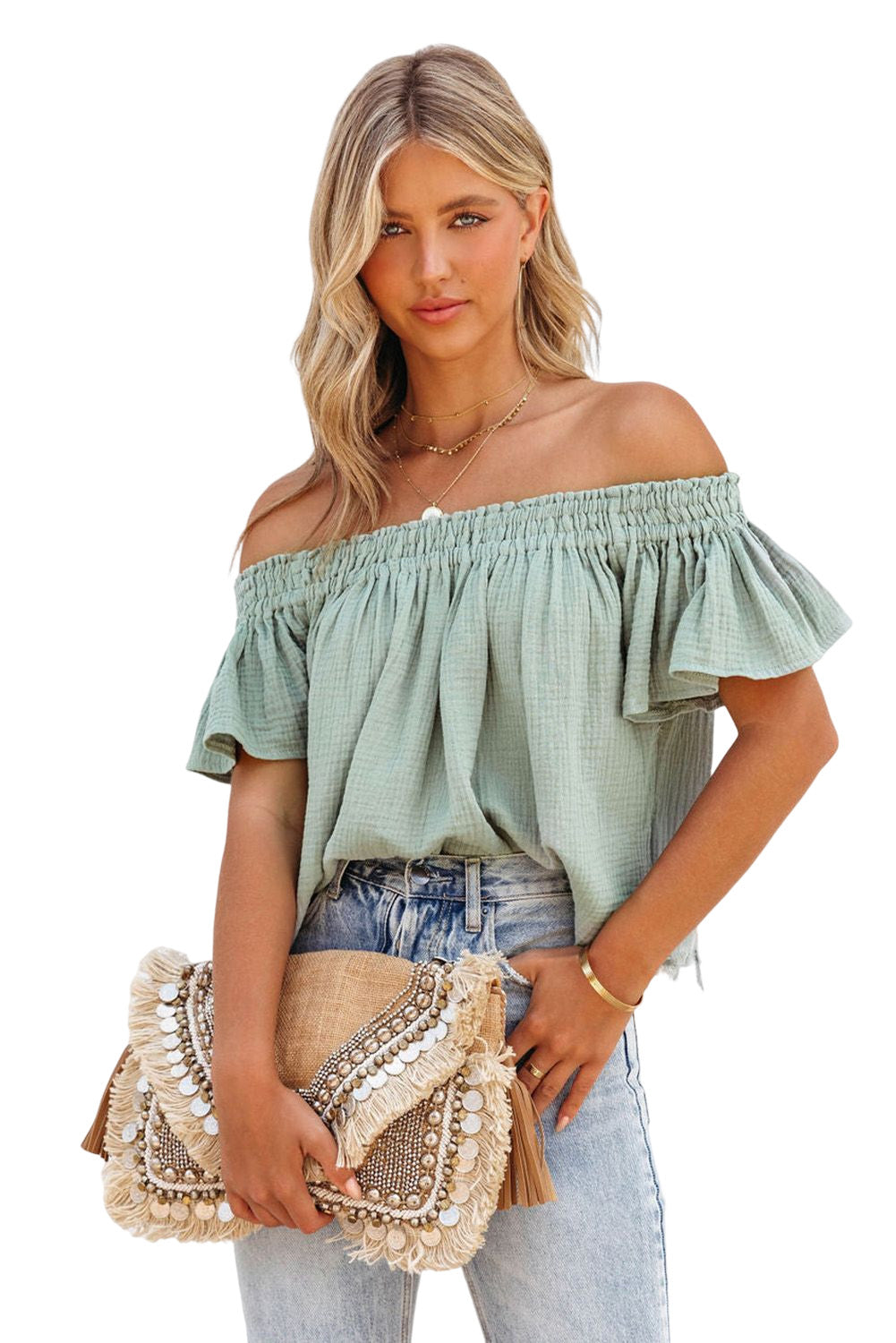 Green Off Shoulder Textured Ruched Ruffle Blouse