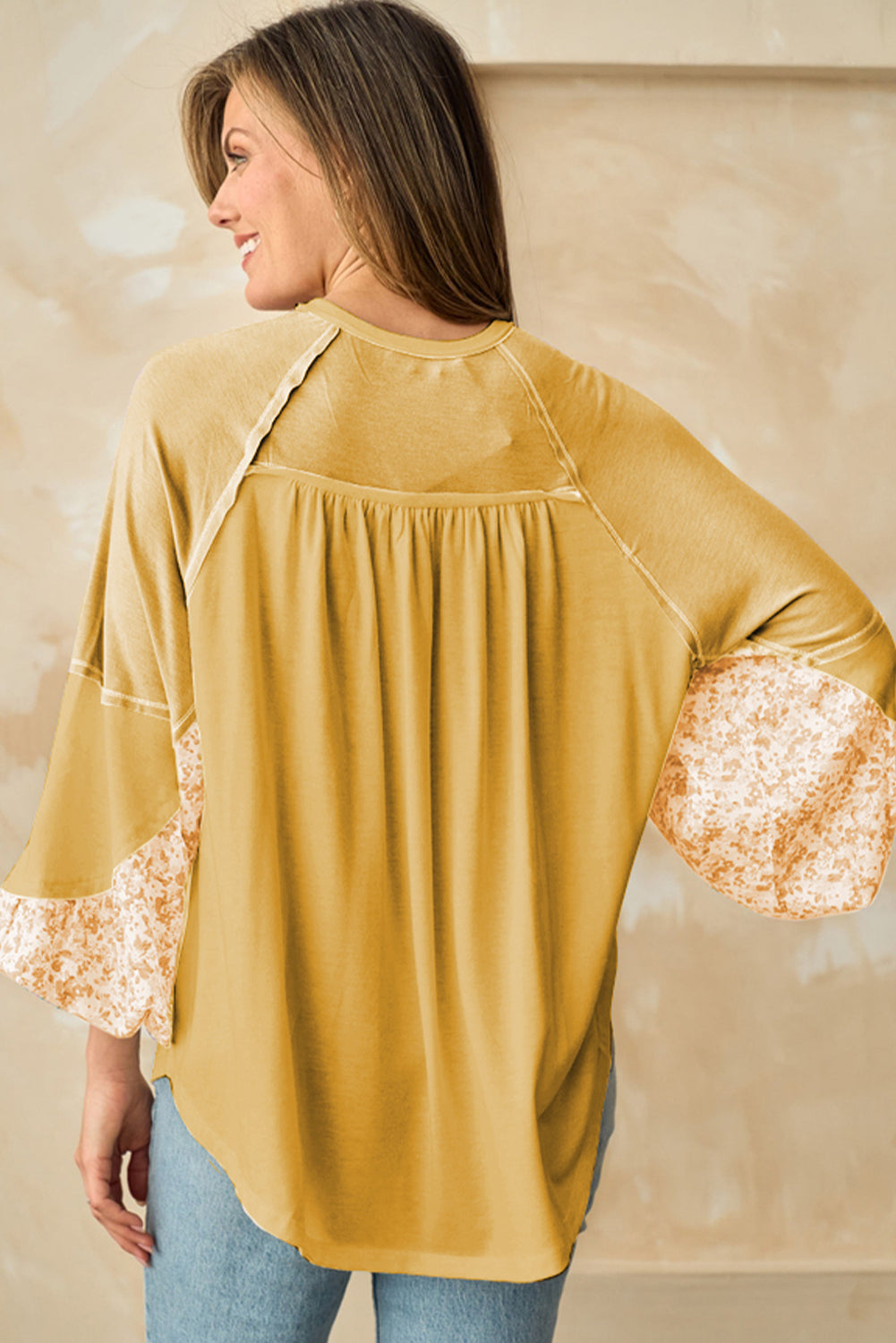 Beige Floral Colorblock Balloon Sleeve Exposed Seam Top