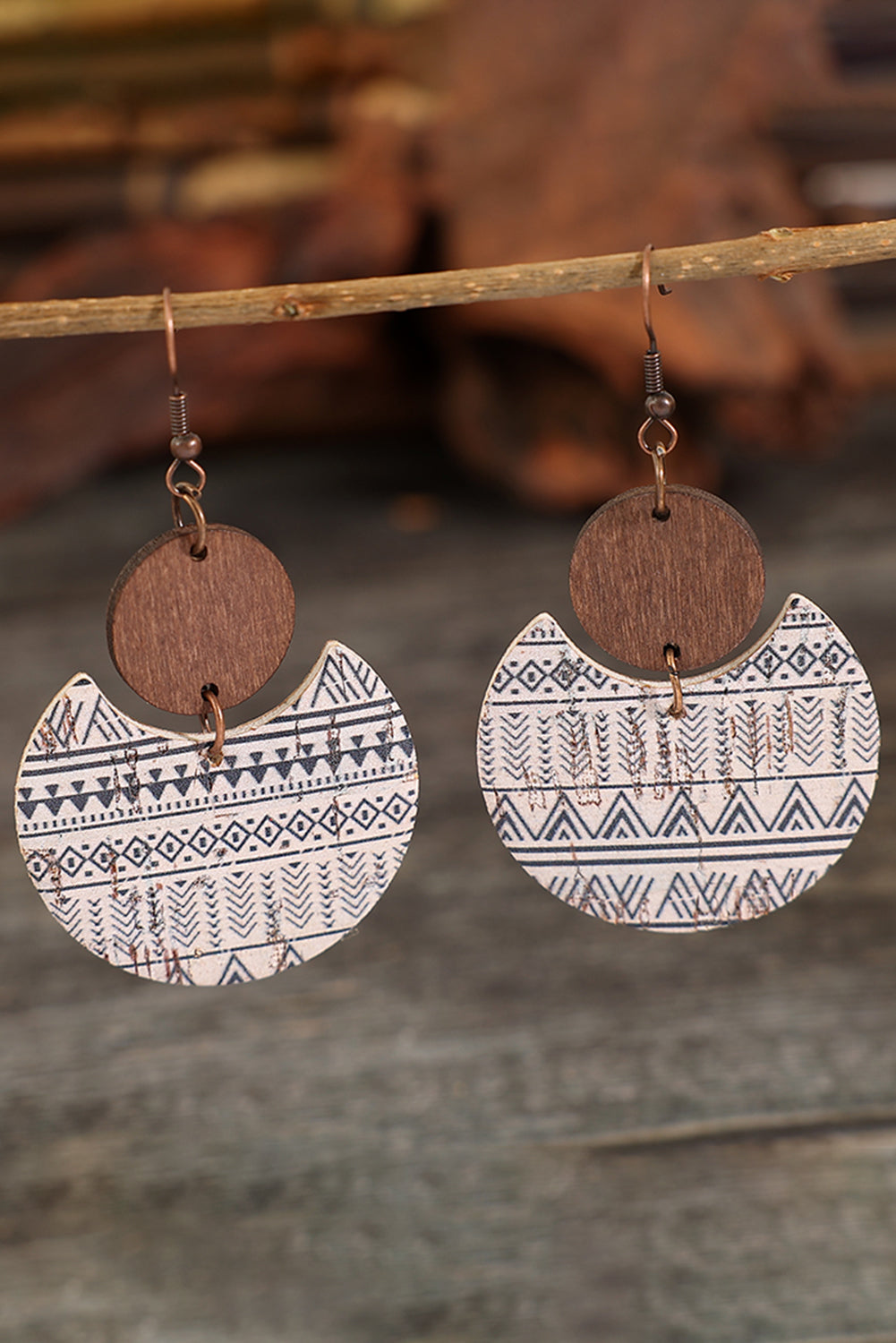 Multicolour Geometric Print Drop Wood Earrings