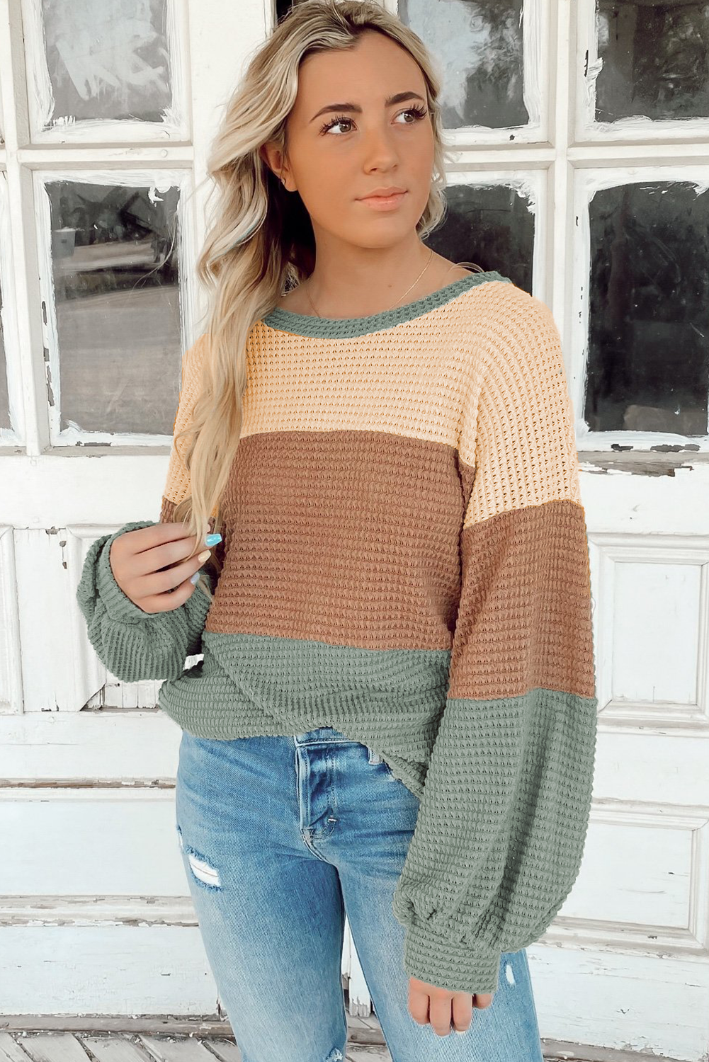 Green Stripe Textured Color Block Bubble Sleeve Baggy Top