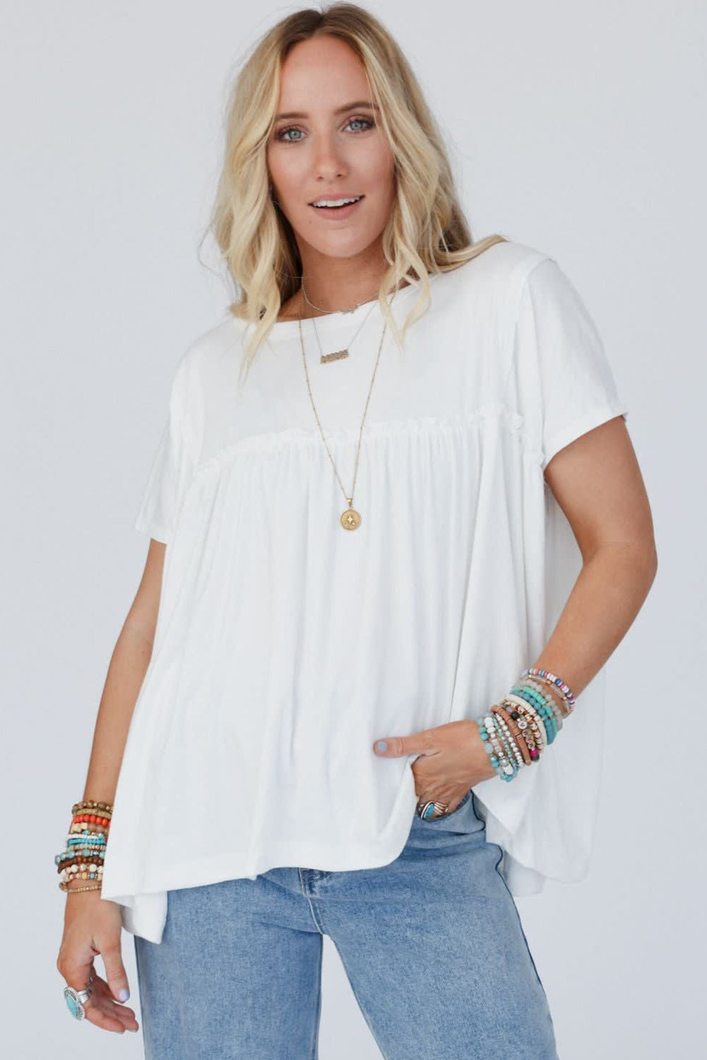 White Ruffled Trim Loose Babydoll Tee