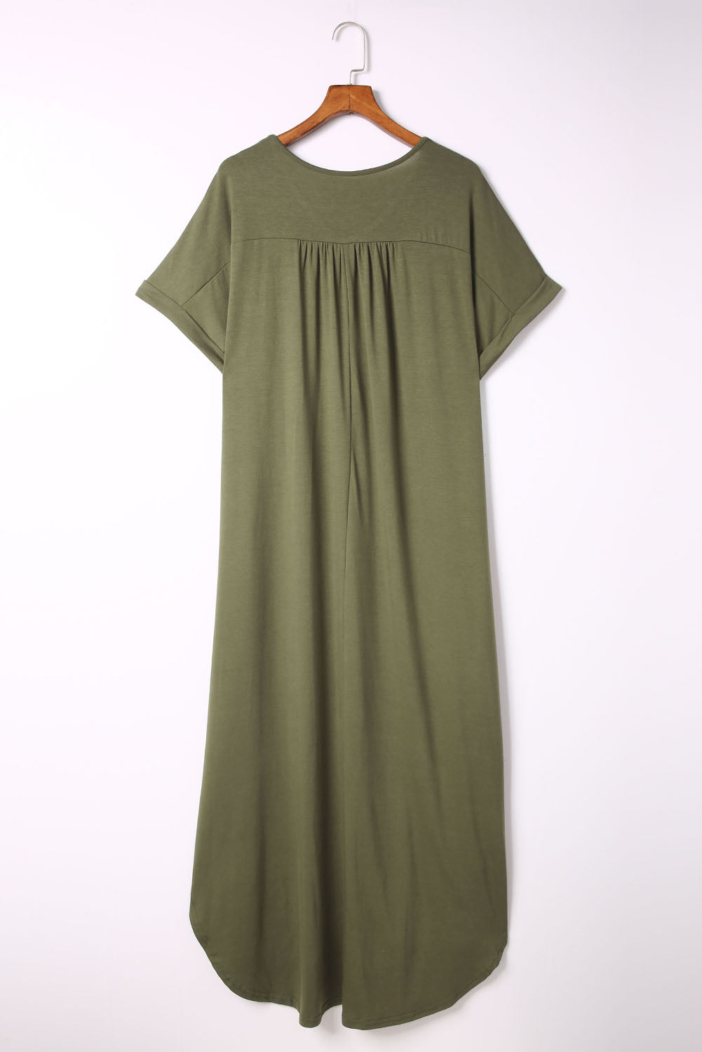 Green Plus Size V Neck Rolled Cuffs Maxi Dress