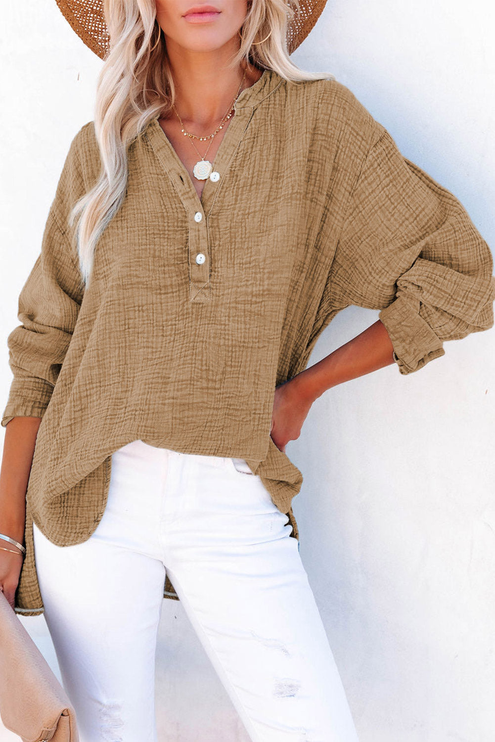 Brown Crinkle Textured Loose Henley Top