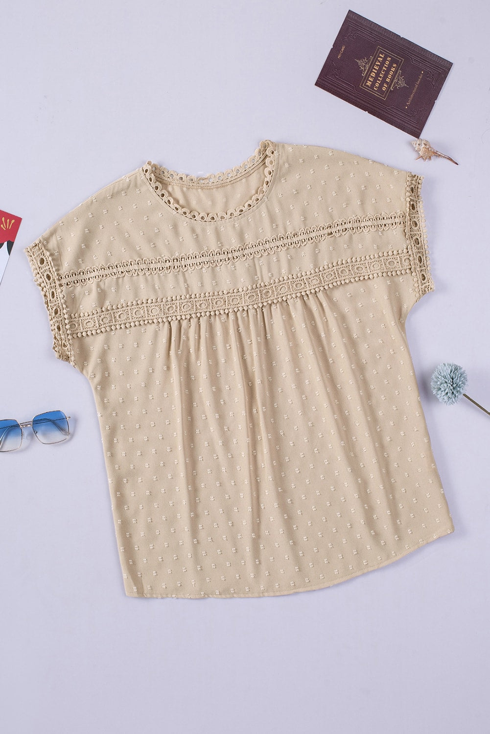 Apricot Swiss Dot Lace Splicing Short Sleeve Top