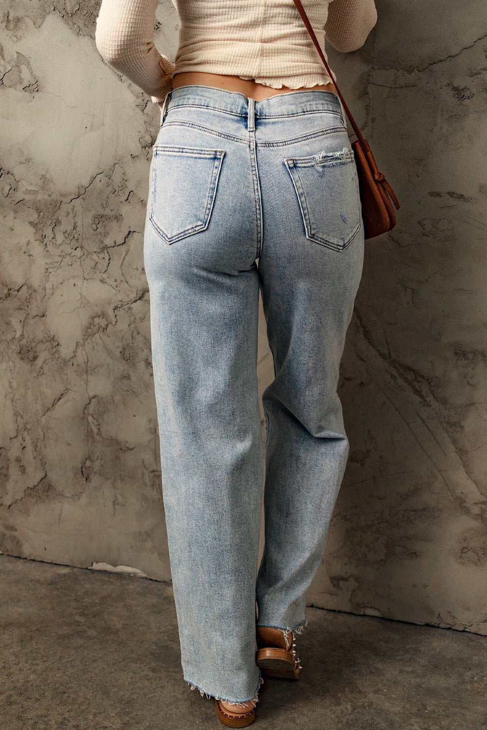 Sky Blue Distressed Frayed Hem Holed Straight Leg Loose Jeans