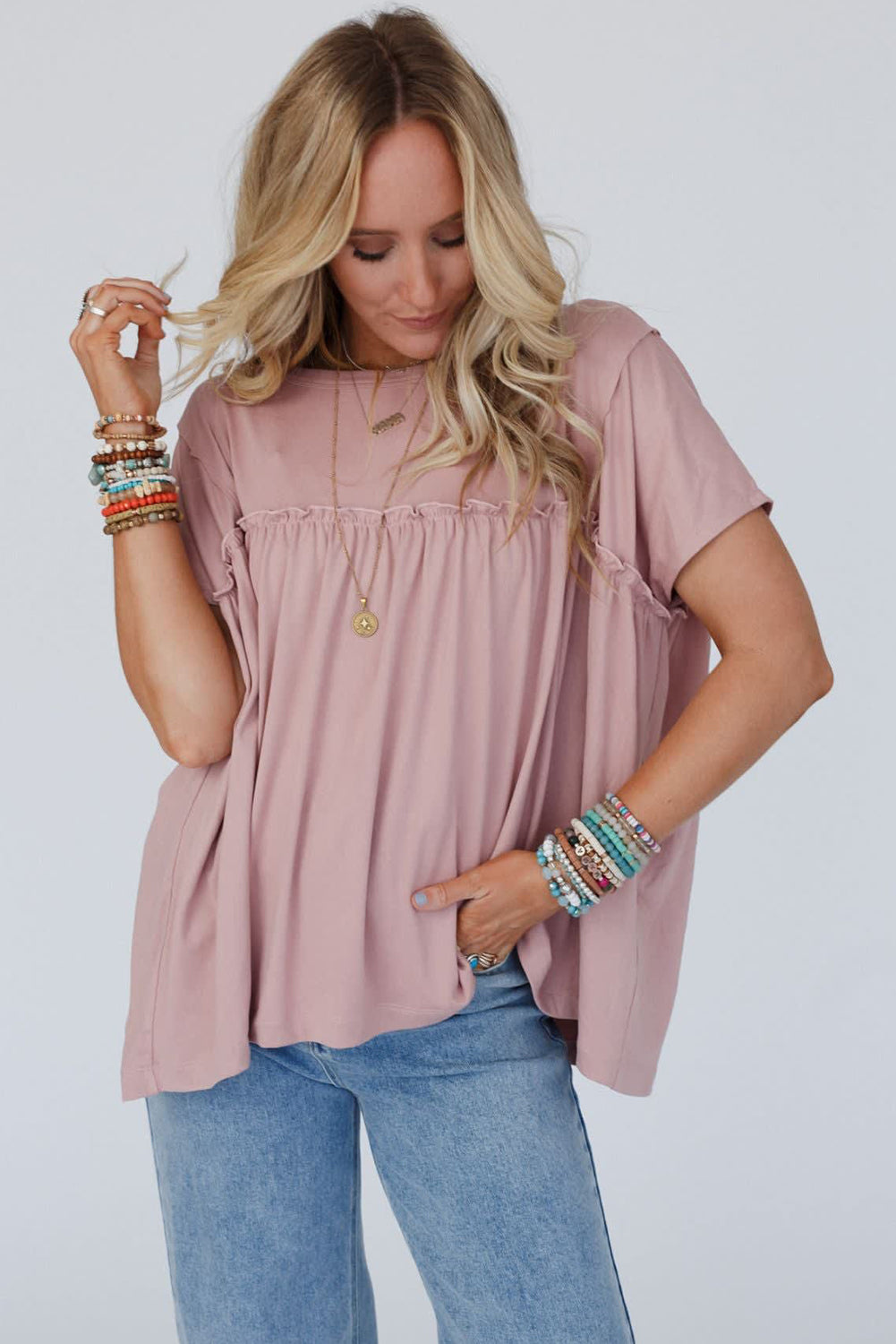 Light Pink Ruffled Trim Loose Babydoll Tee