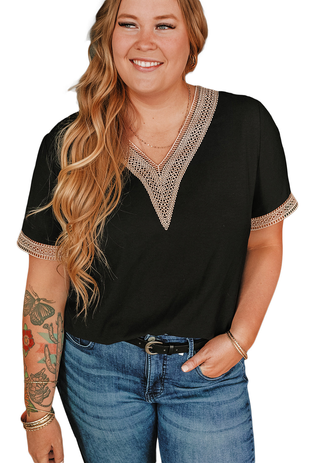 Black Lace Trim Short Sleeve V Neck Plus Size Top