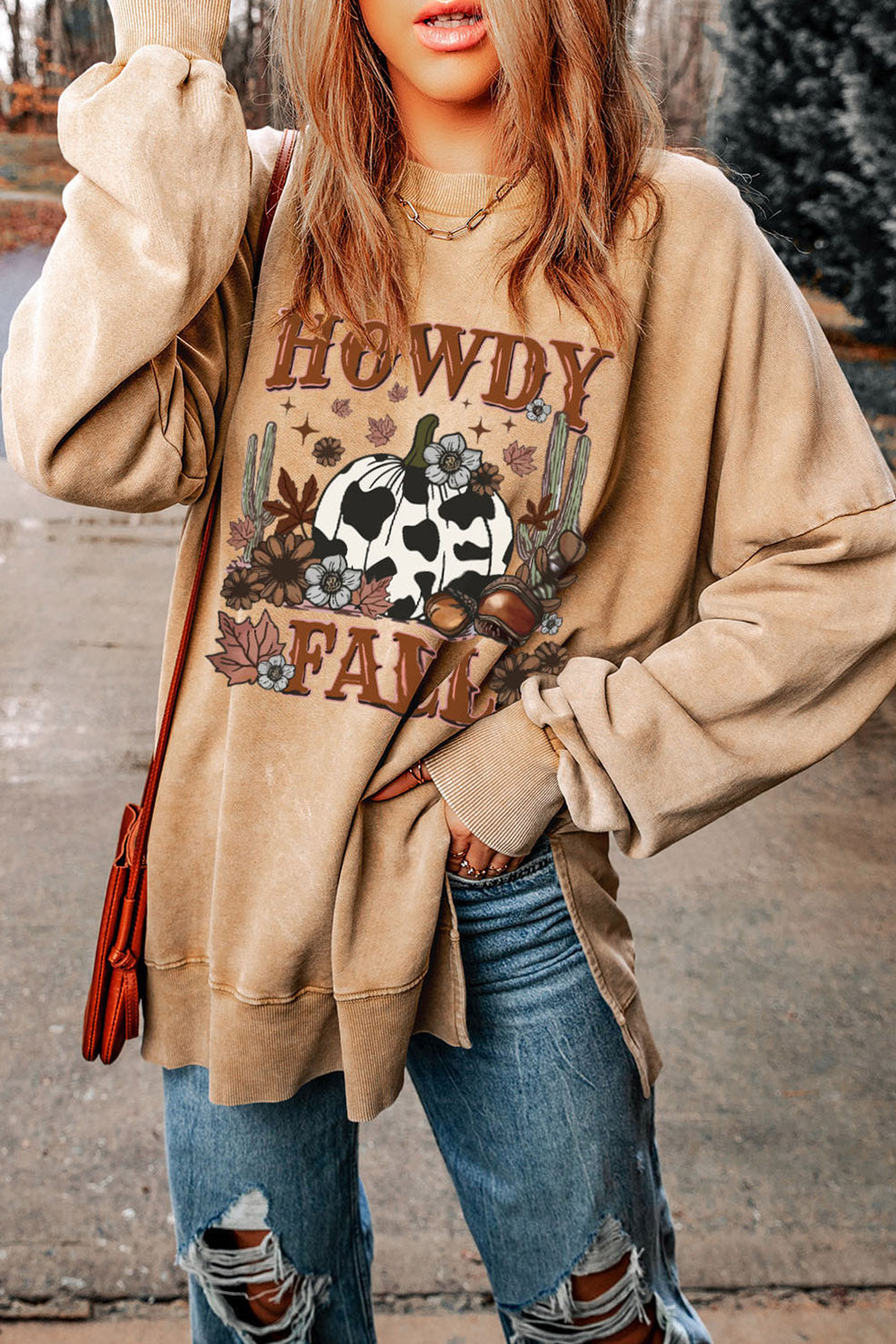 Khaki HOWDY FALL Pumpkin Print Split Hem Sweatshirt