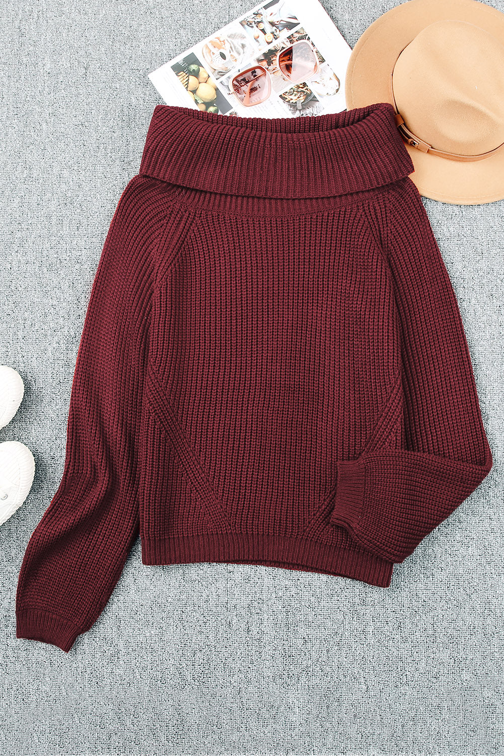 Fiery Red Ribbed Knit Foldover Off Shoulder Sweater