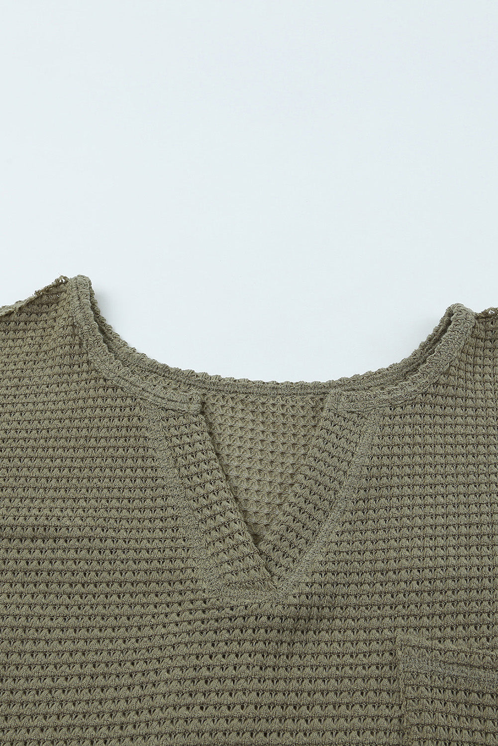 Green Waffle Knit Split Neck Pocketed Loose Top