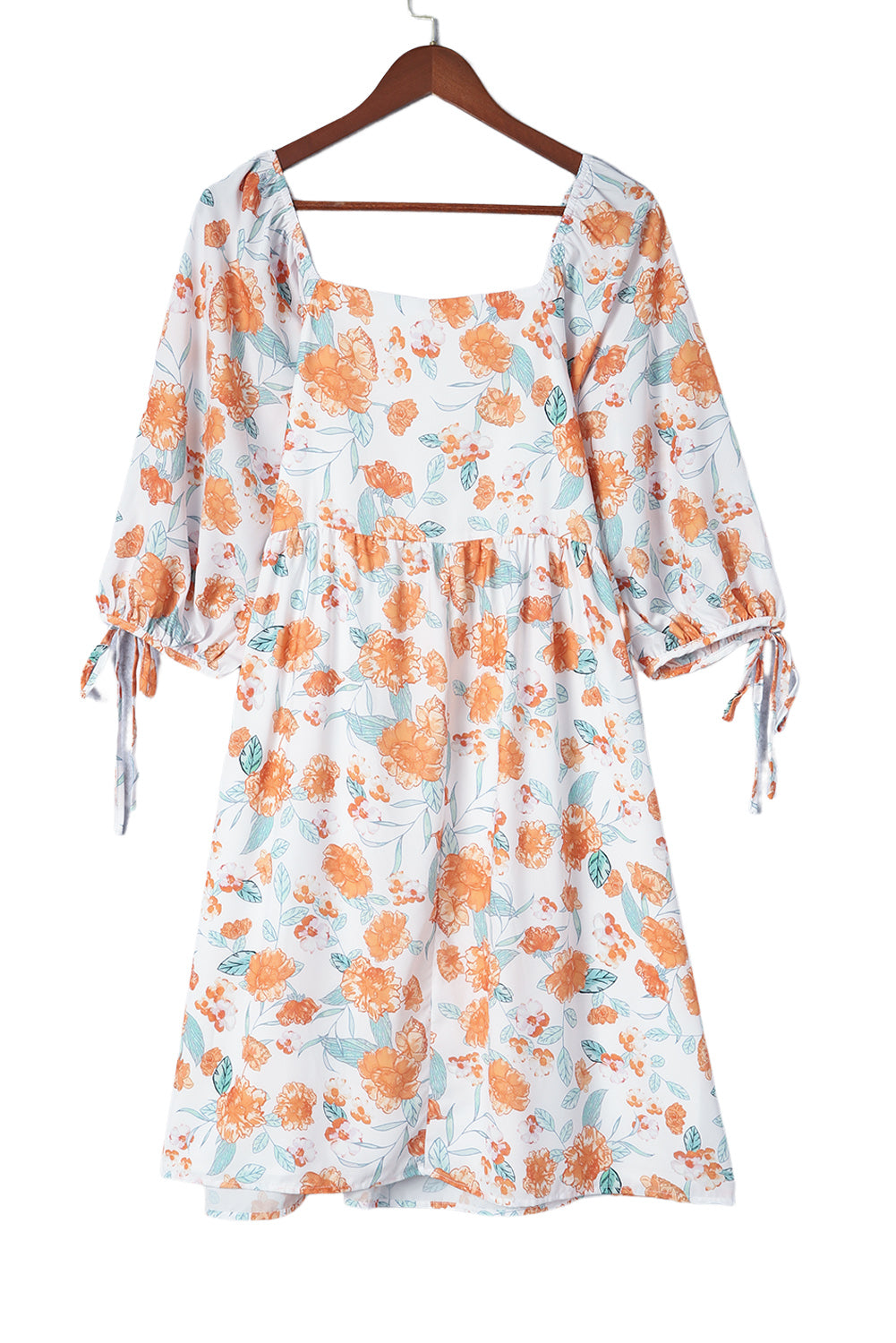 Orange Plus Size Square Neck Tie Sleeve Floral Dress