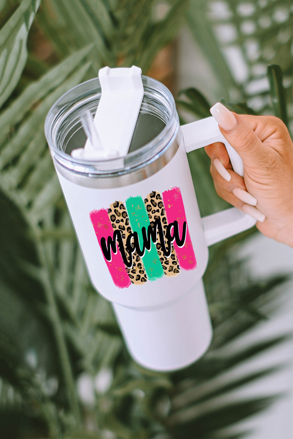 White mama Leopard Colorblock Handle Portable Cup 40oz