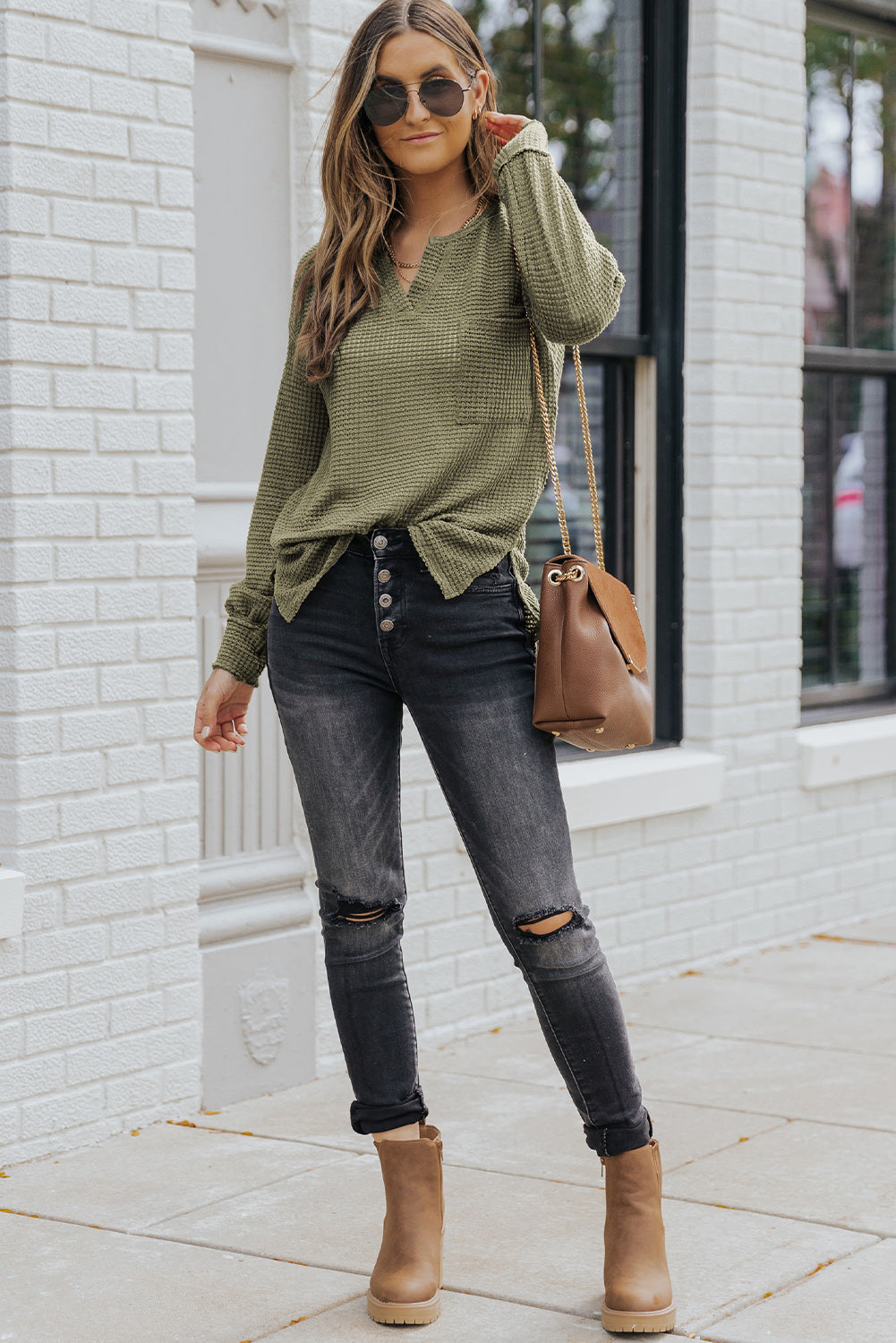 Green Waffle Knit Split Neck Pocketed Loose Top