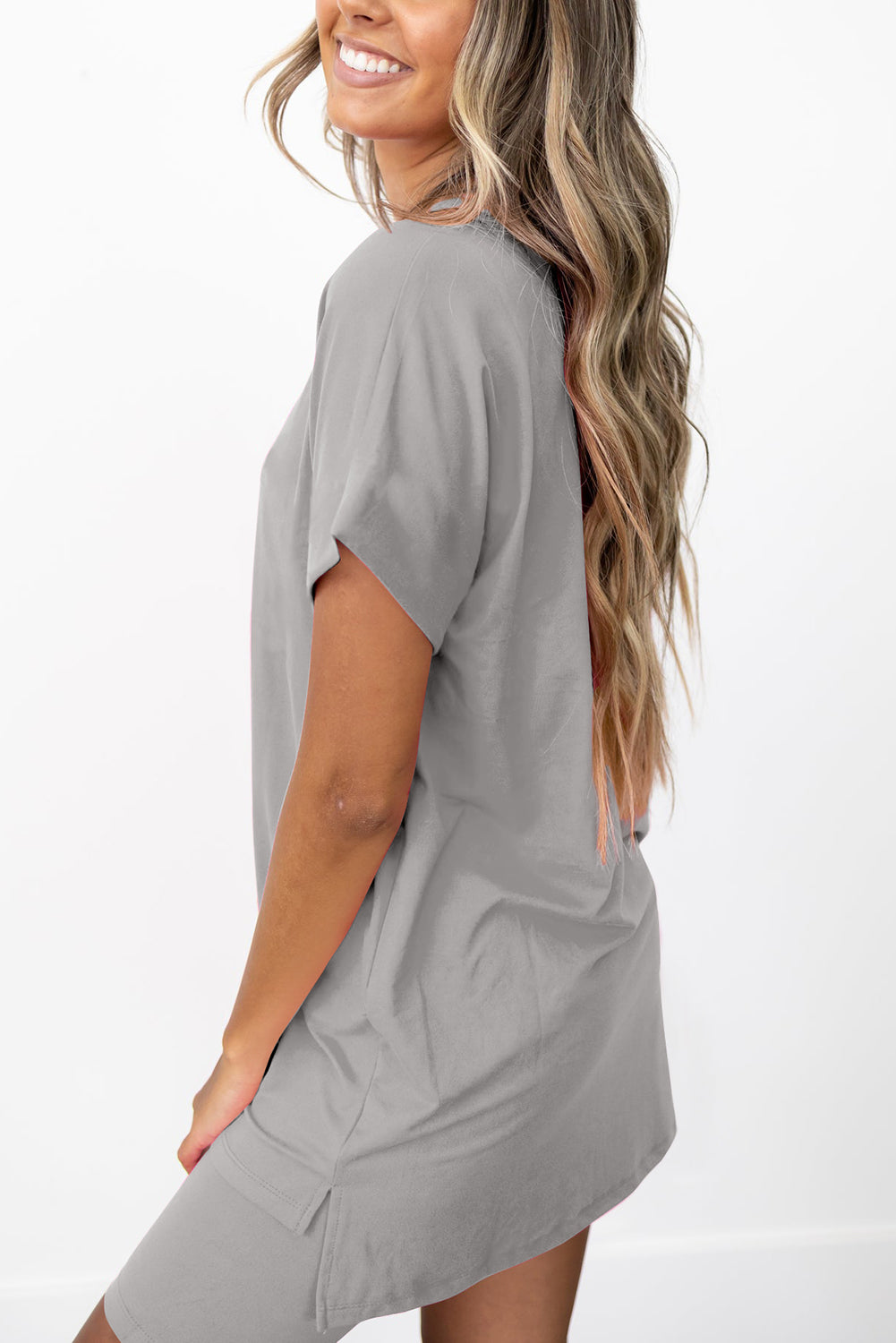 Gray Solid Split Hem Tunic Tee and Tight Shorts Set