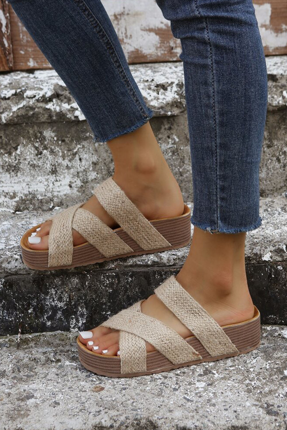 Beige Woven Cross Criss Hollowed Slip-On Slippers