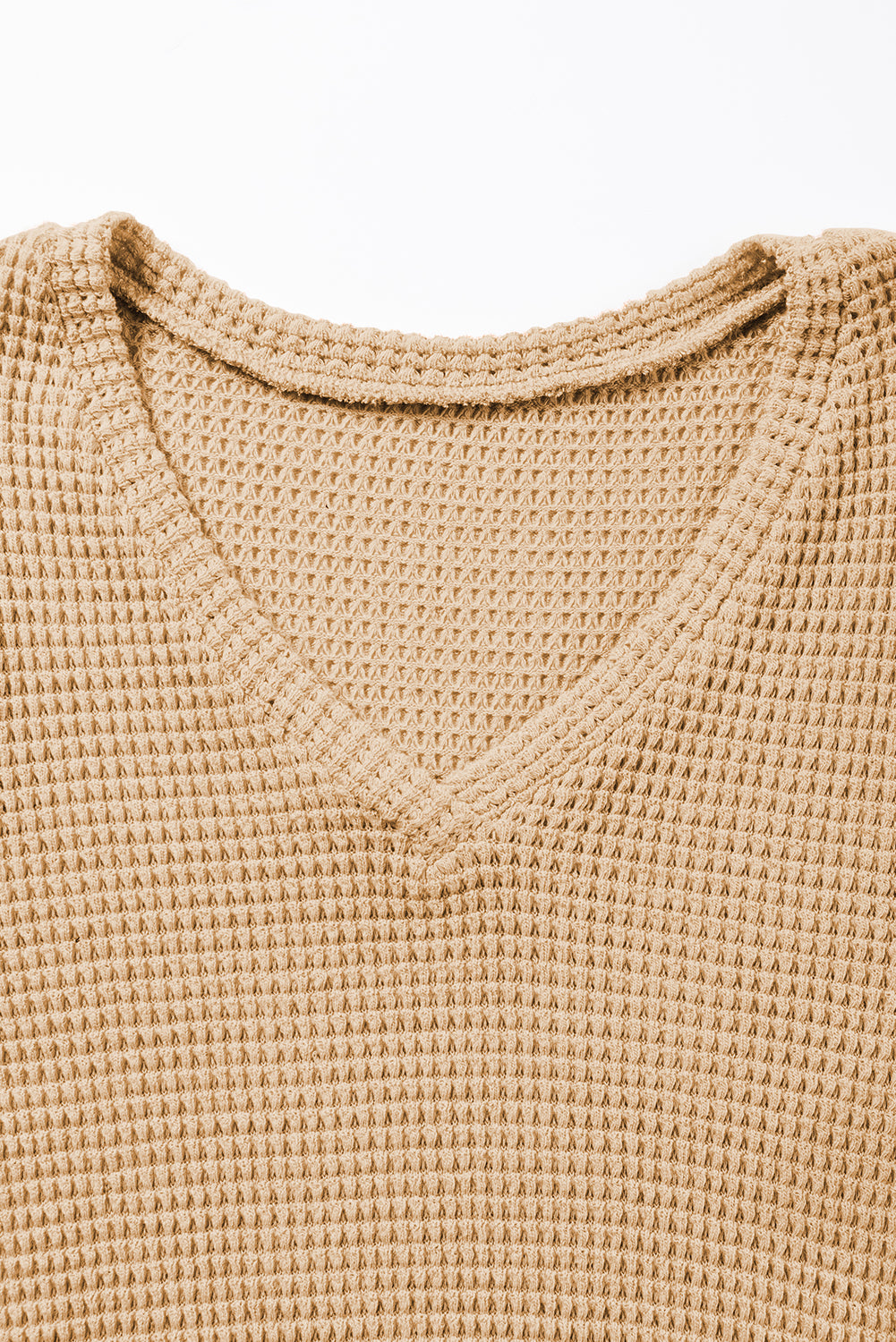 Camel V Neck Petal Sleeve Waffle Knit T-Shirt