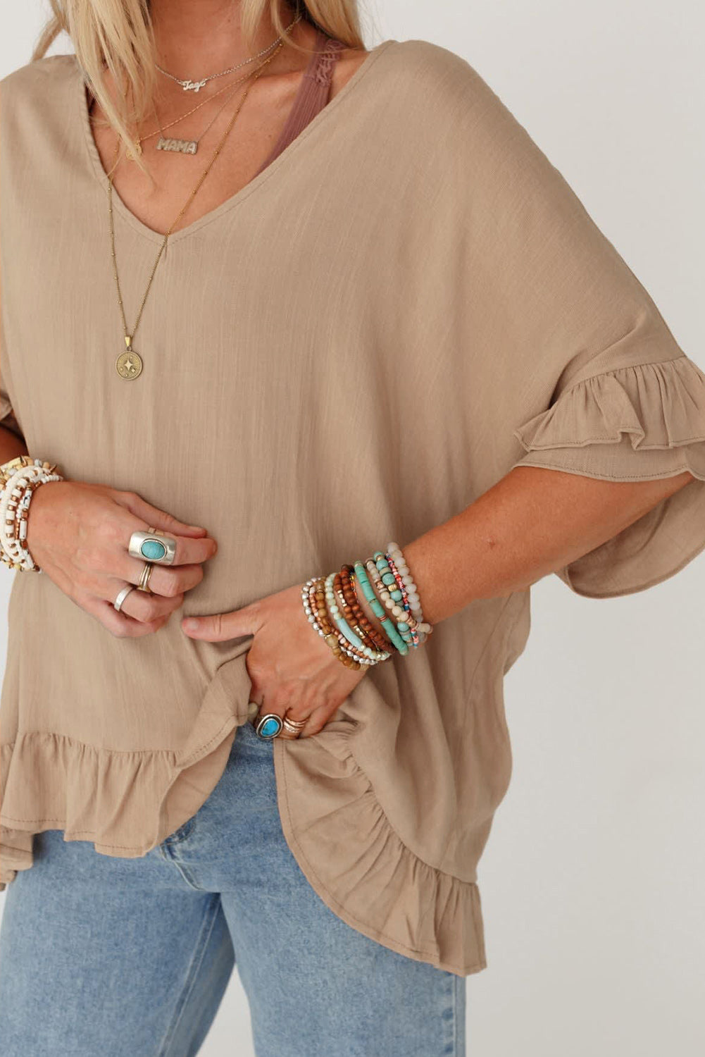 Light French Beige Loose Ruffled V Neck Blouse