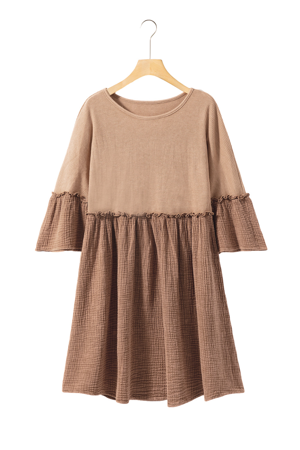 Khaki Waffle Crinkle Patchwork Frilled Flare Dress